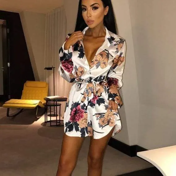 FashionSierra - Summer Women Silk Satin Shirt Dress Ladies Print Floral Long Sleeve Loose Short Mini Dresses Beach Party Dress