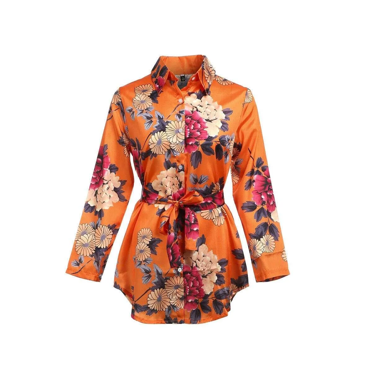 FashionSierra - Summer Women Silk Satin Shirt Dress Ladies Print Floral Long Sleeve Loose Short Mini Dresses Beach Party Dress