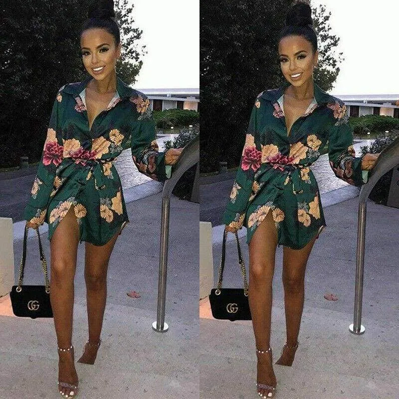 FashionSierra - Summer Women Silk Satin Shirt Dress Ladies Print Floral Long Sleeve Loose Short Mini Dresses Beach Party Dress