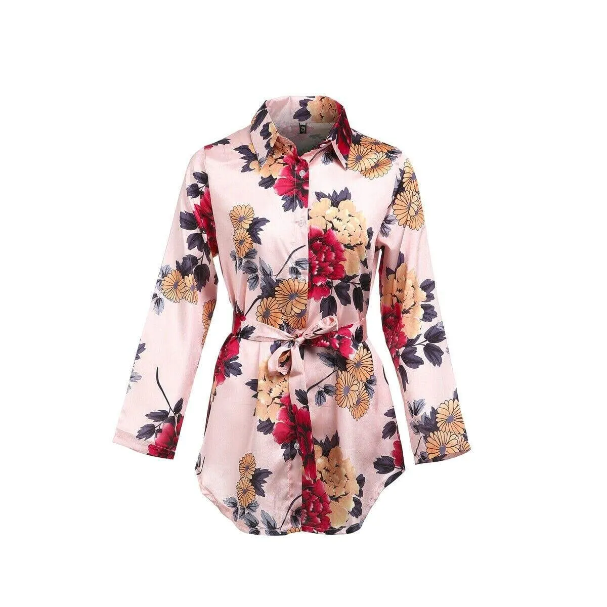 FashionSierra - Summer Women Silk Satin Shirt Dress Ladies Print Floral Long Sleeve Loose Short Mini Dresses Beach Party Dress