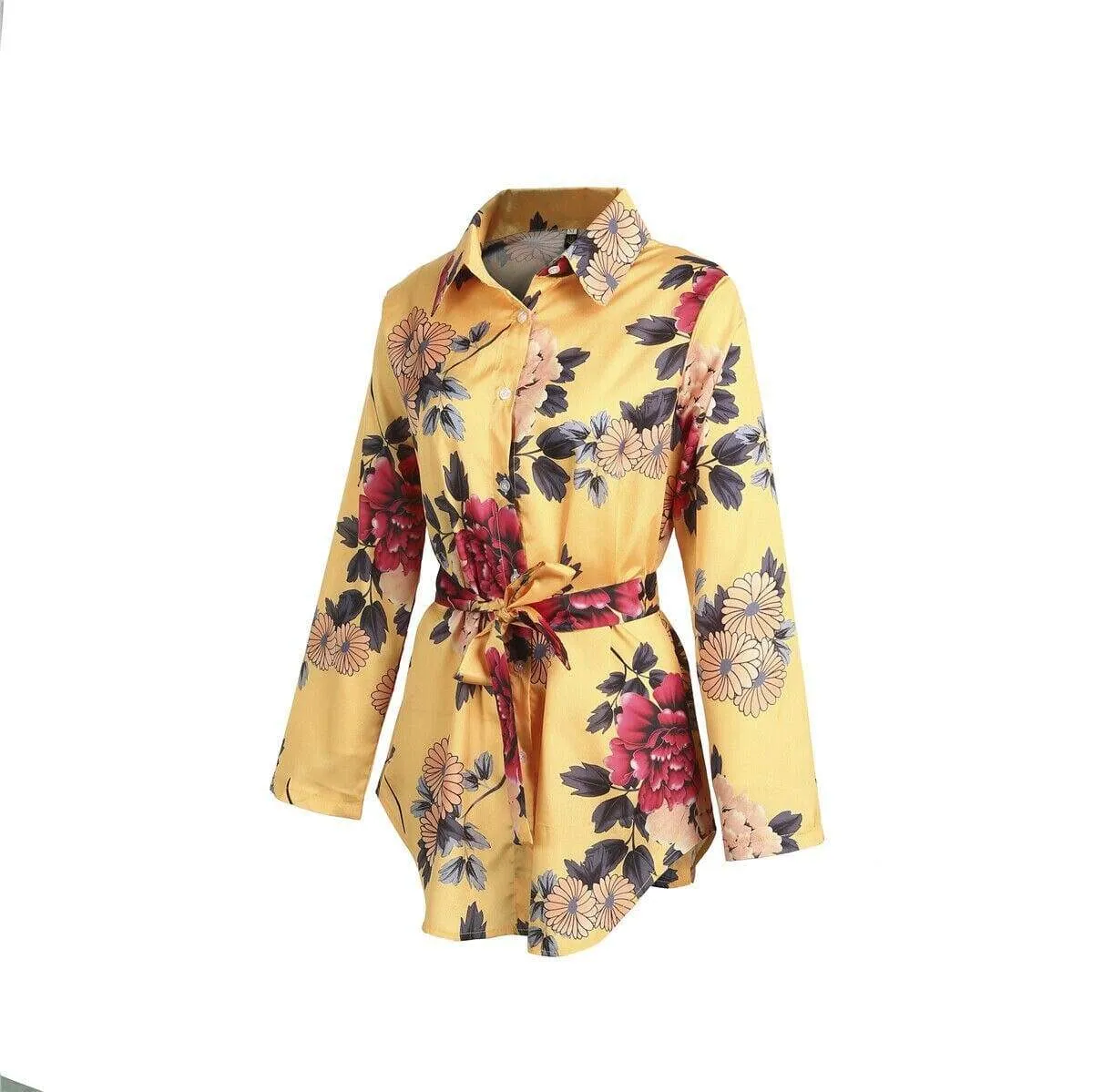 FashionSierra - Summer Women Silk Satin Shirt Dress Ladies Print Floral Long Sleeve Loose Short Mini Dresses Beach Party Dress