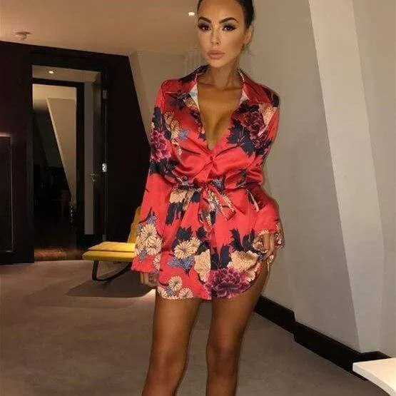 FashionSierra - Summer Women Silk Satin Shirt Dress Ladies Print Floral Long Sleeve Loose Short Mini Dresses Beach Party Dress