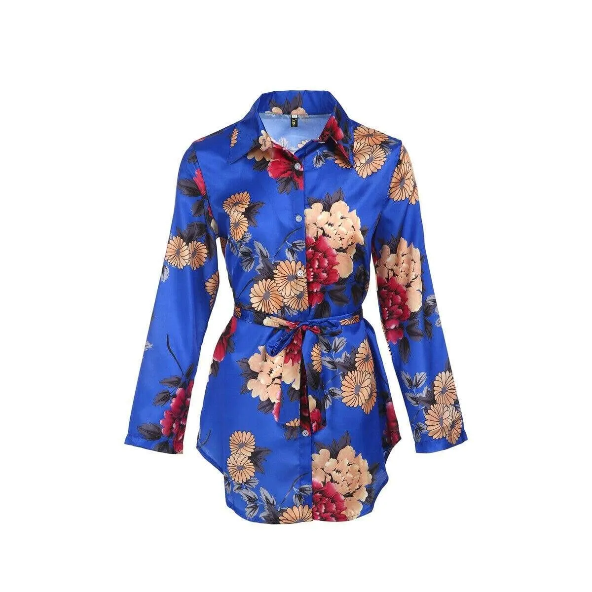 FashionSierra - Summer Women Silk Satin Shirt Dress Ladies Print Floral Long Sleeve Loose Short Mini Dresses Beach Party Dress