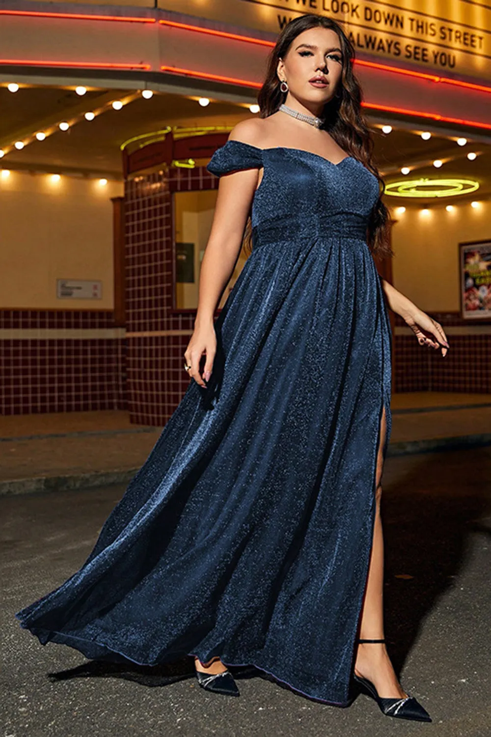 Giltter Navy Plus Size A Line Off The Shoulder Maxi Dress with Slit