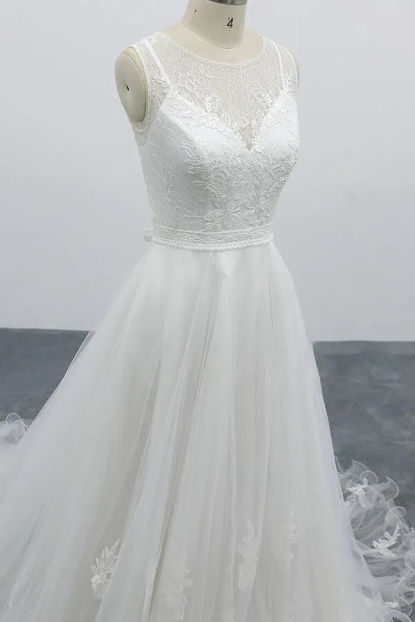 Graceful Long A-line Appliques Tulle Backless Wedding Dress