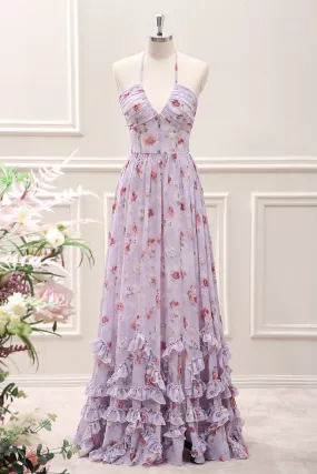 Grey Purple Ruffled A Line Halter Floral Corset Maxi Dress