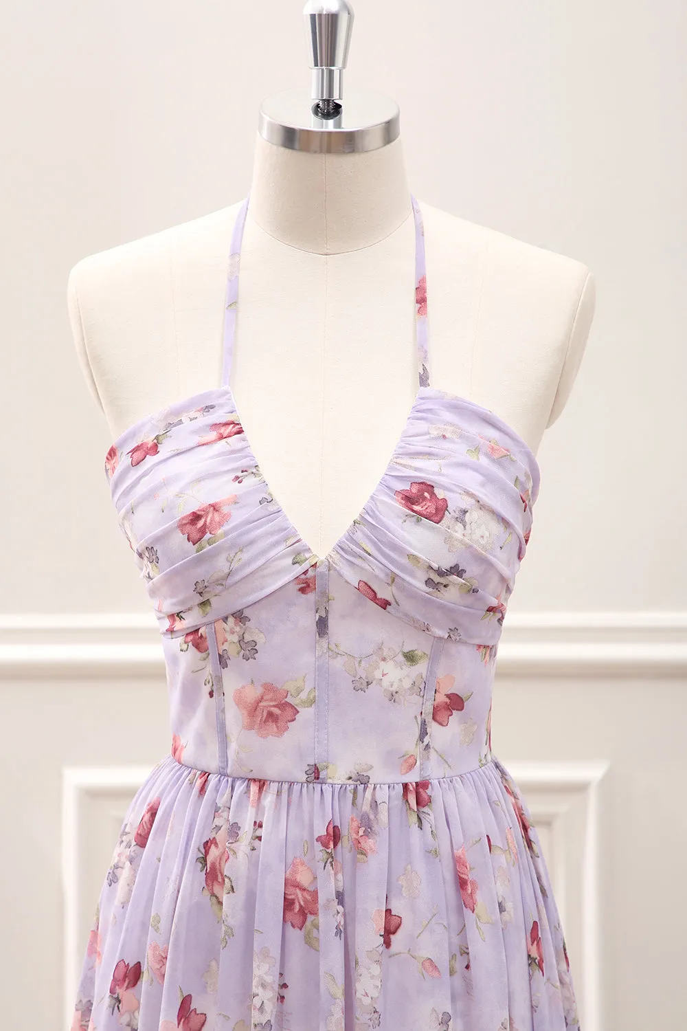 Grey Purple Ruffled A Line Halter Floral Corset Maxi Dress