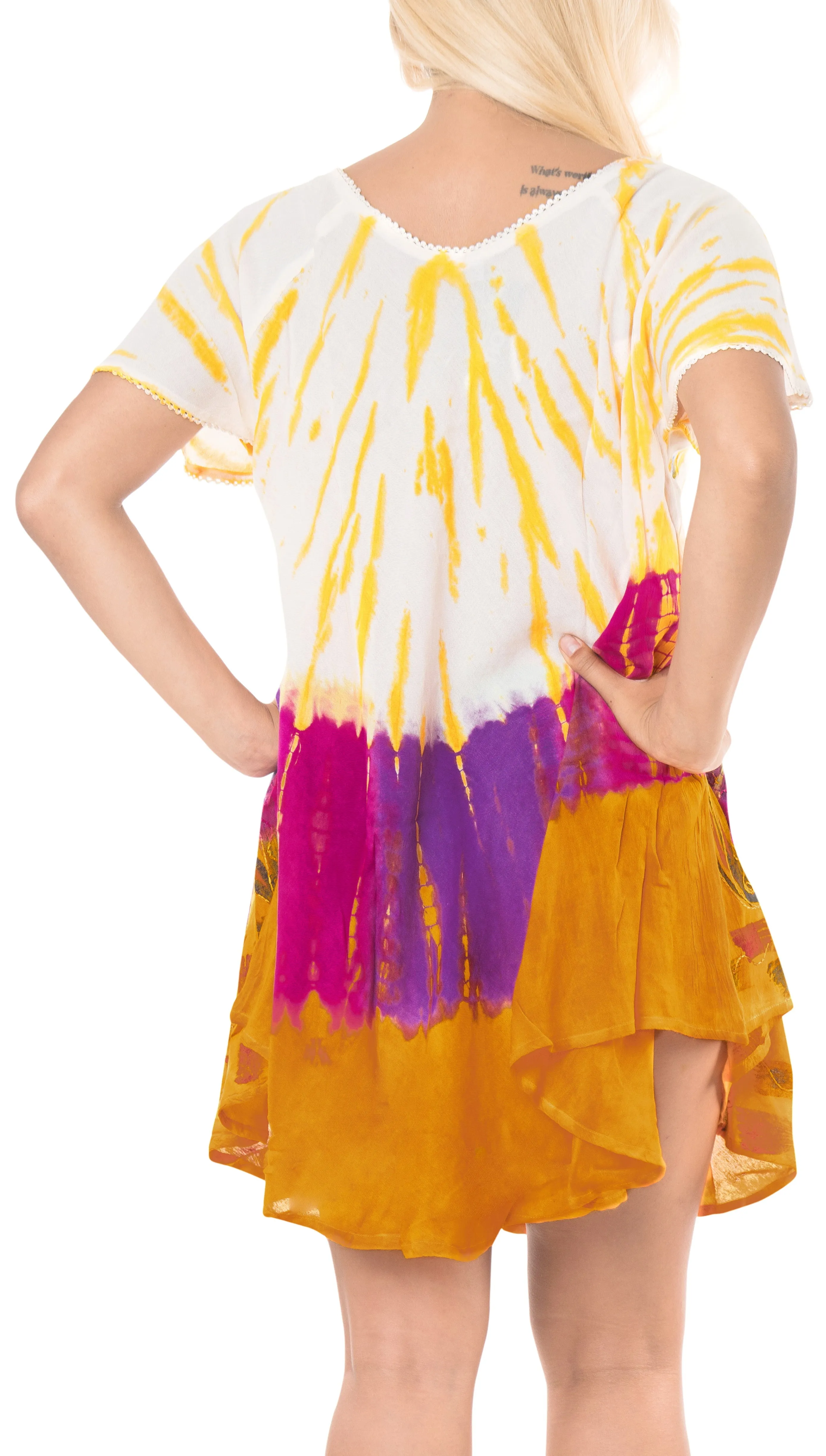 LA LEELA Rayon Tie Dye Halter Casual DRESS Beach Cover upes Top Swimwear Tunic Yellow WhitePlus Size