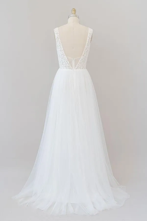 Long A-line Open Back V-neck Lace Tulle Wedding Dress