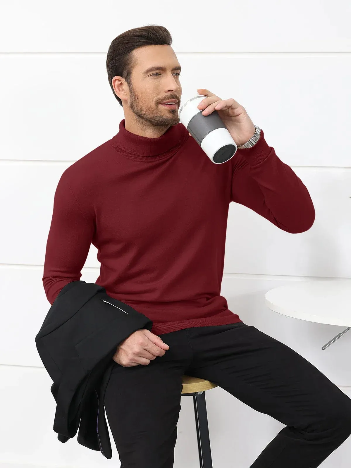 Men's High Neck Knitted Sweater Slim Fit Casual Long Sleeve Pullover Top for Eye Catching Style