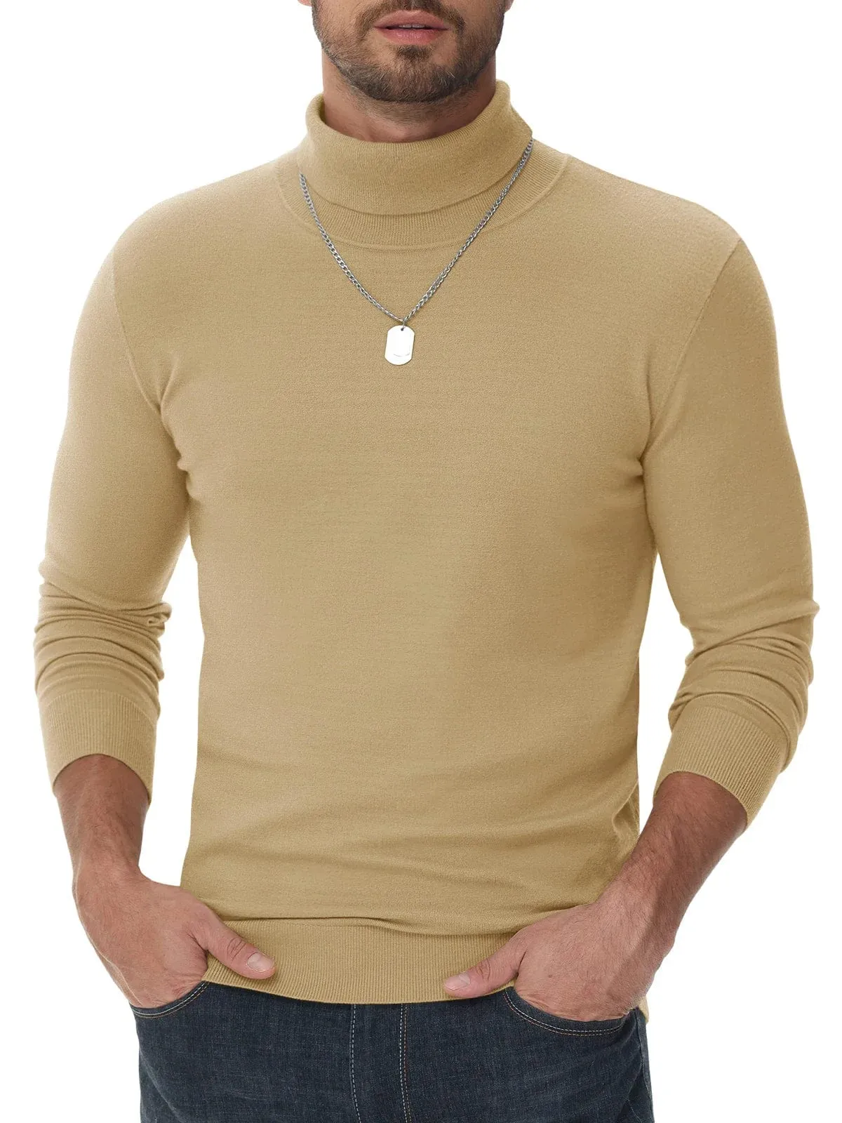 Men's High Neck Knitted Sweater Slim Fit Casual Long Sleeve Pullover Top for Eye Catching Style