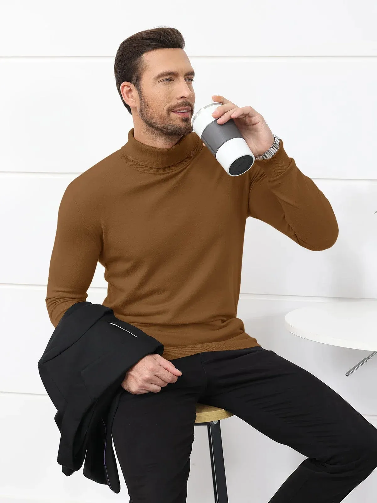 Men's High Neck Knitted Sweater Slim Fit Casual Long Sleeve Pullover Top for Eye Catching Style