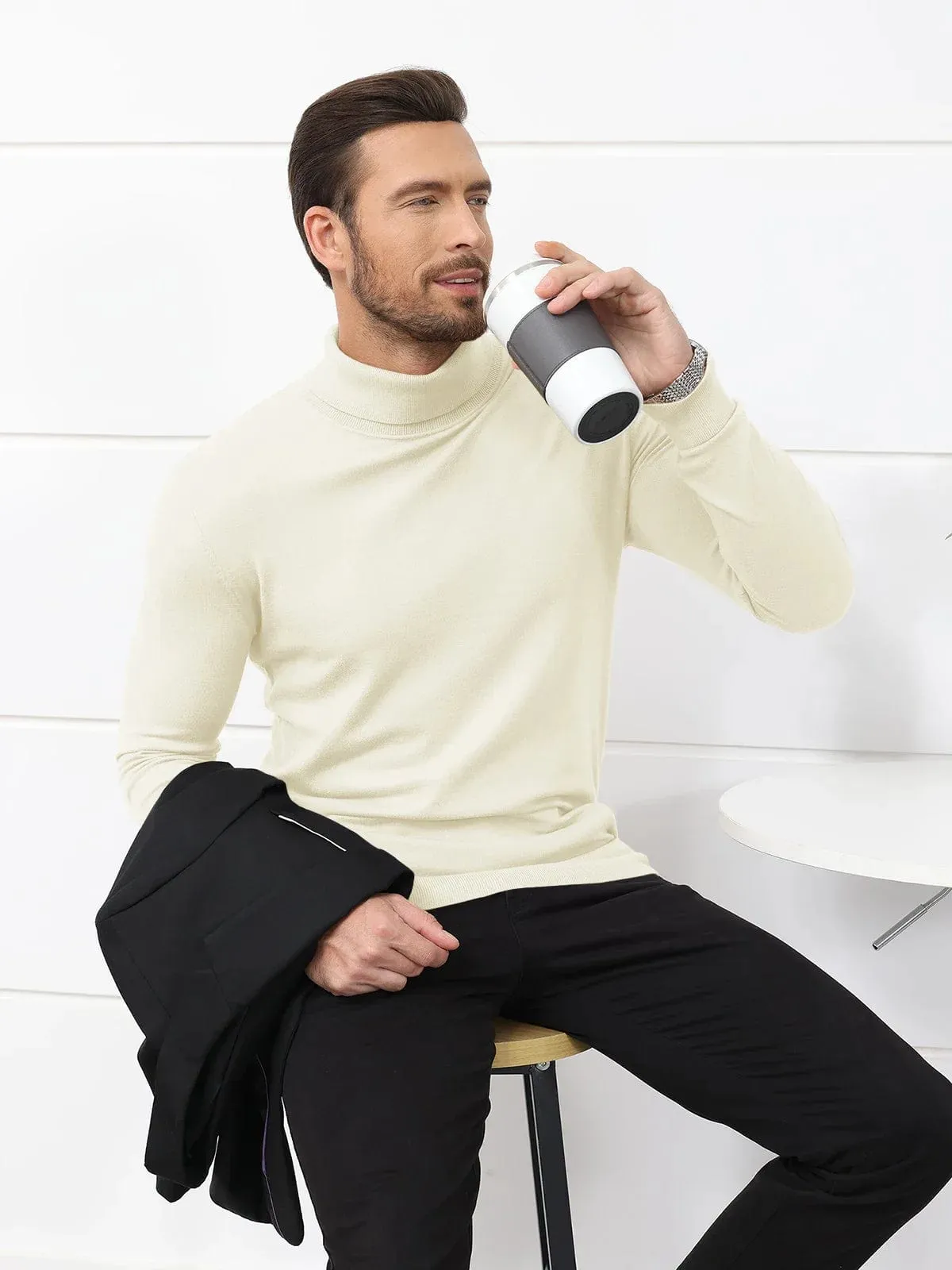 Men's High Neck Knitted Sweater Slim Fit Casual Long Sleeve Pullover Top for Eye Catching Style