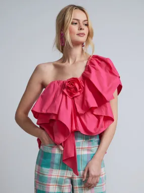 One-Shoulder Rosette Poplin Top