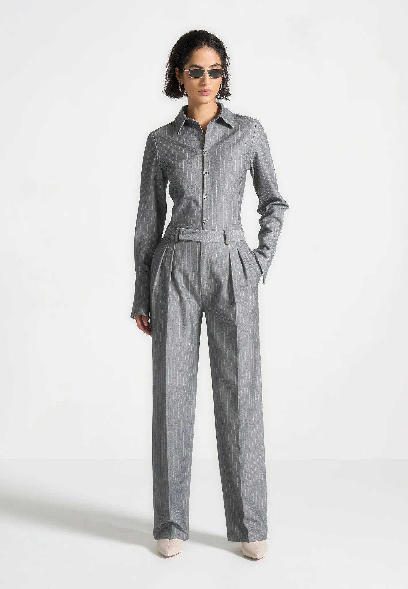 Pinstripe Twin Pleat Tailored Trousers - Grey