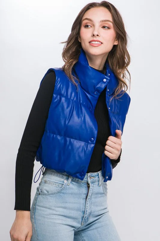 PU Faux Leather Puffer Vest With Snap Button