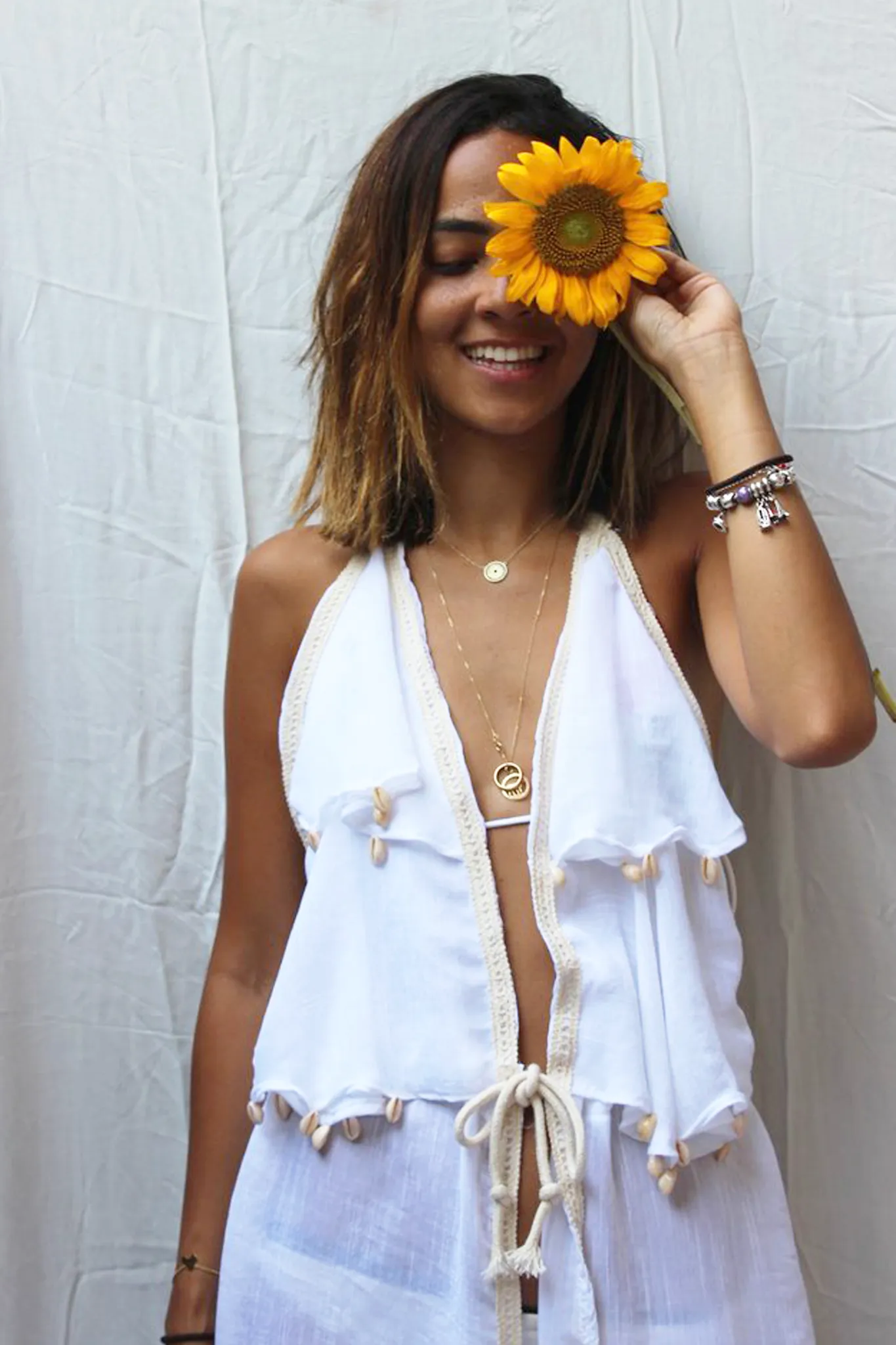 Ruffles & Shells Halter White