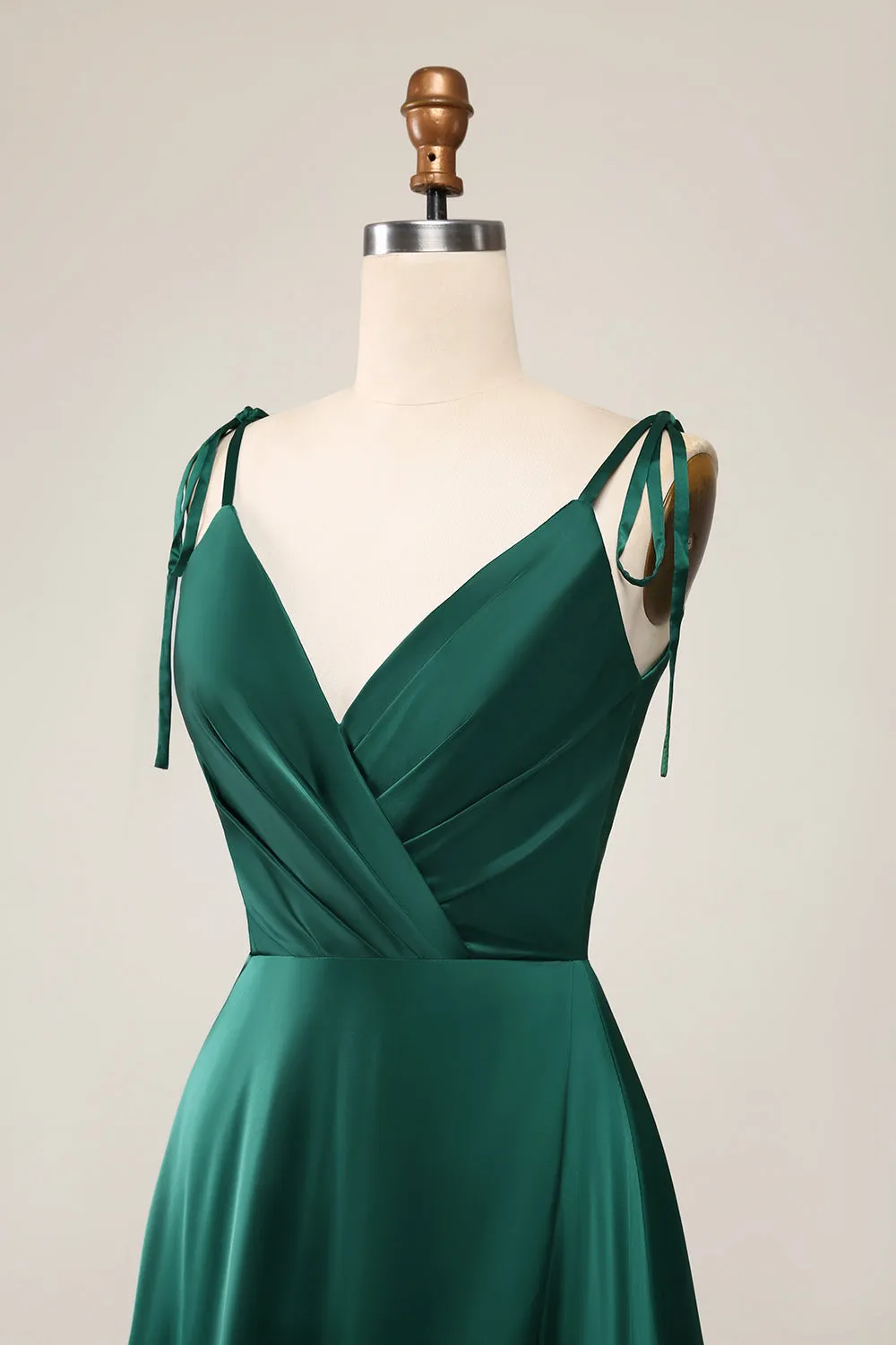 Simple Dark Green Spaghetti Straps Ruched Maxi Dress with Slit