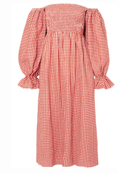 SLEEPER ATLANTA OFF-THE-SHOULDER SHIRRED GINGHAM LINEN MIDI DRESS