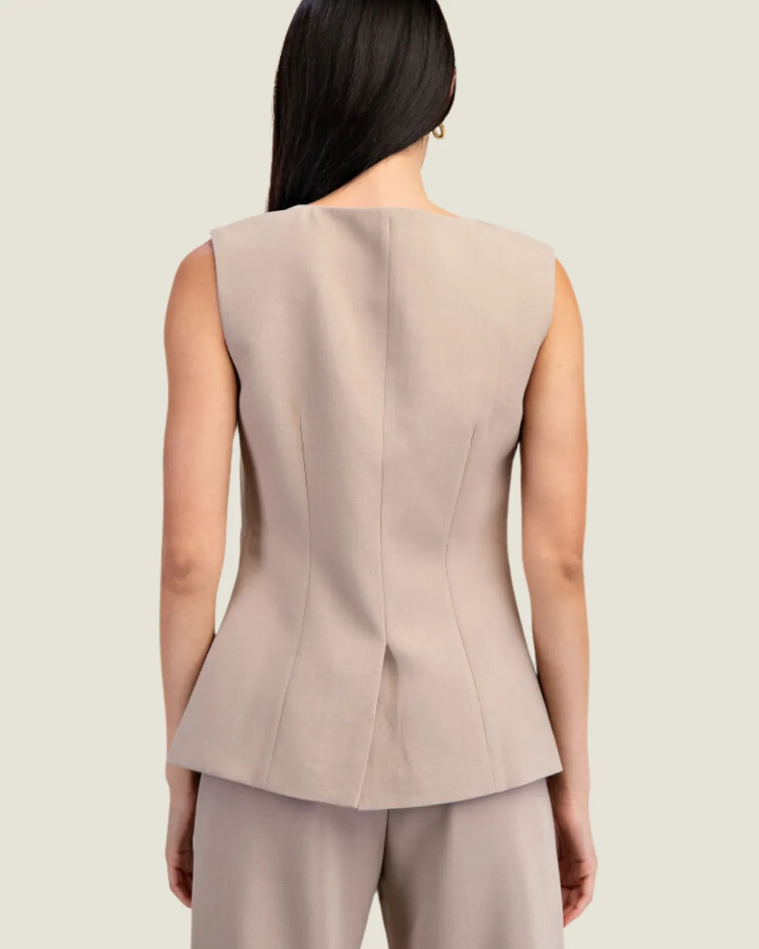 The Frannie: Boatneck Taupe Woven Vest with Button Detail