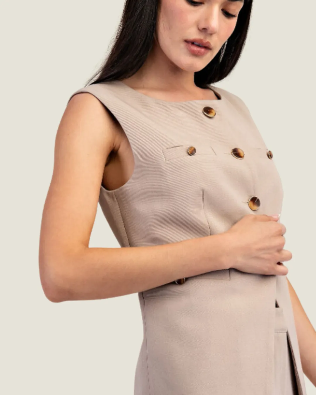 The Frannie: Boatneck Taupe Woven Vest with Button Detail