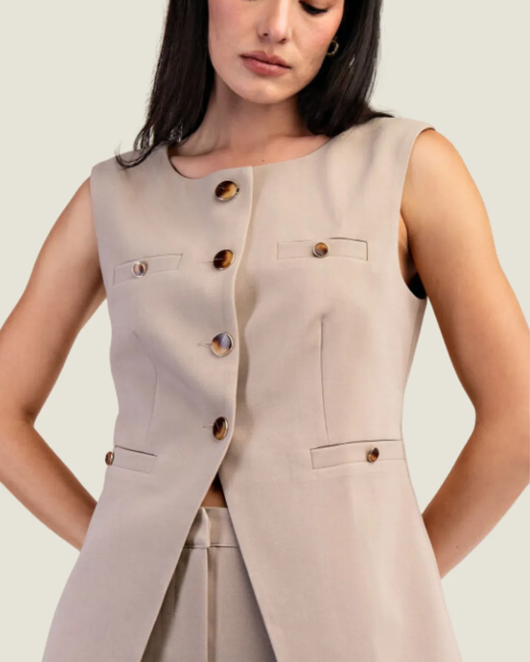 The Frannie: Boatneck Taupe Woven Vest with Button Detail