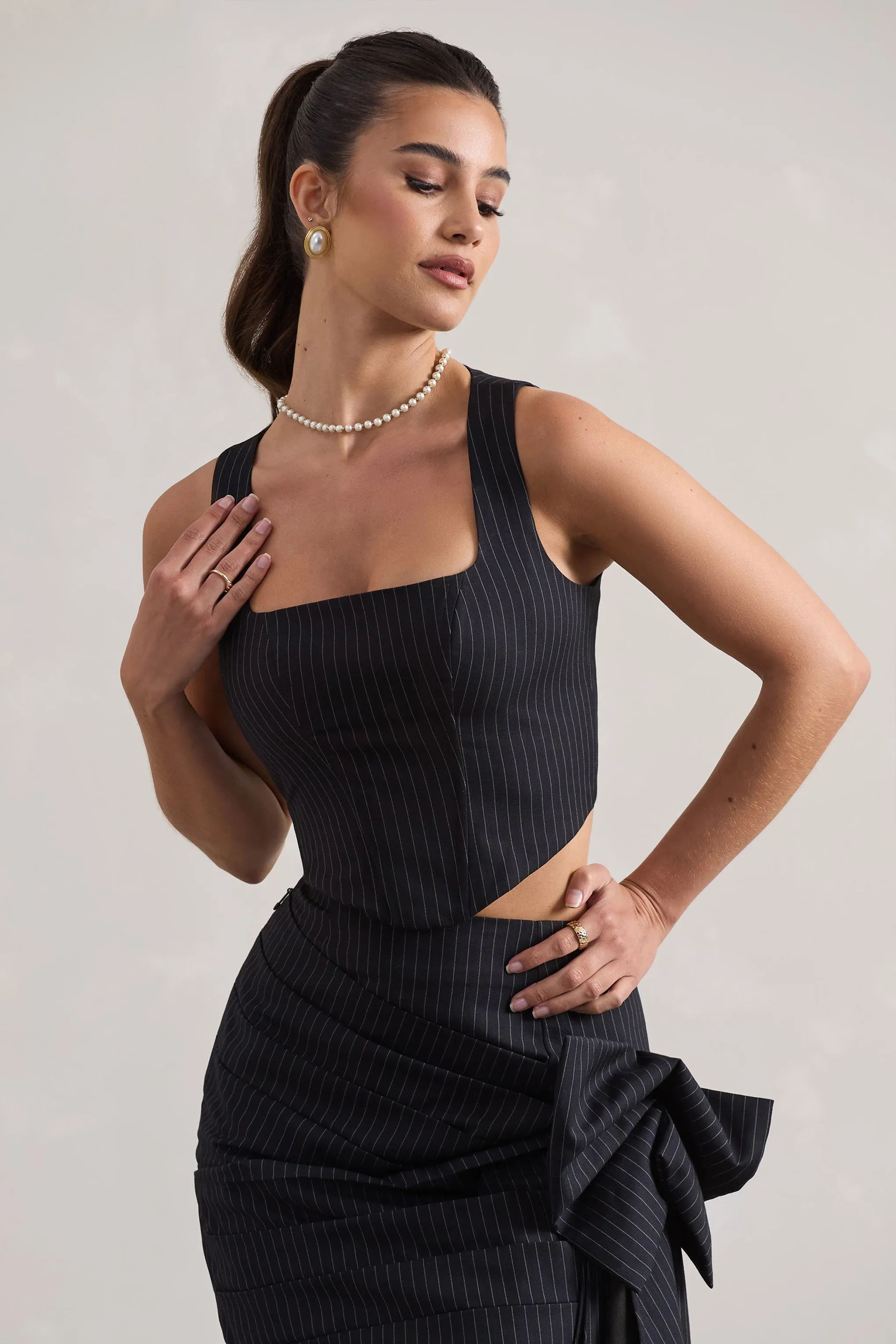 Think Again | Navy Pinstripe Structured Corset Top