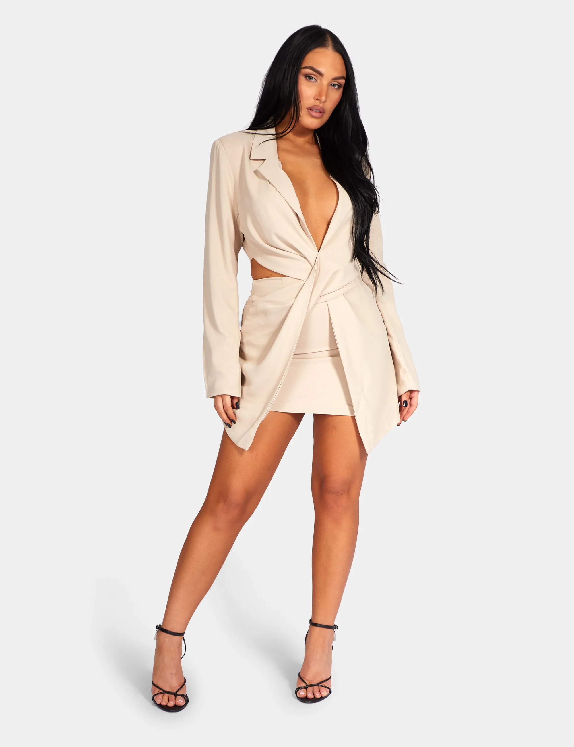 Twist Front Blazer Mini Dress Stone