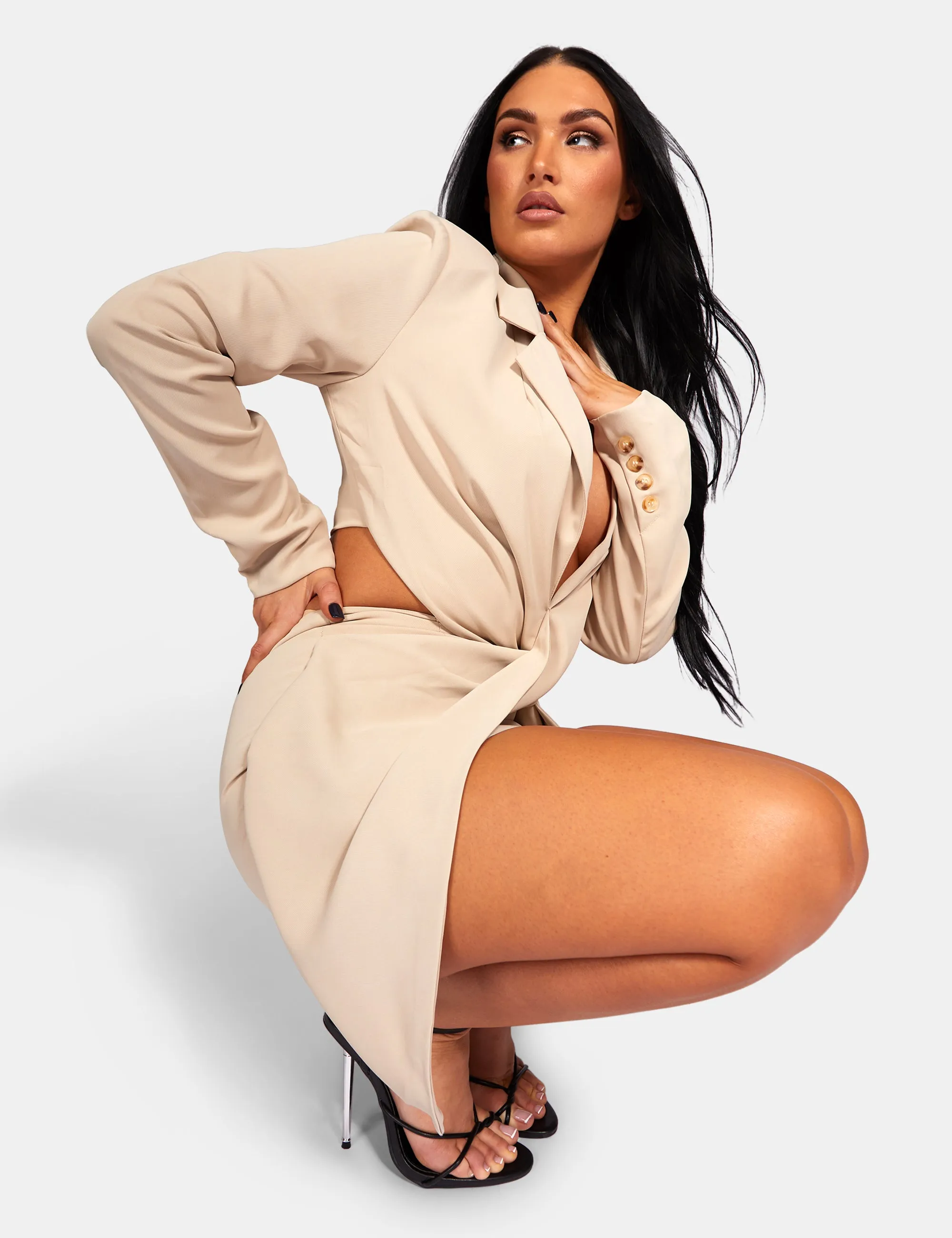 Twist Front Blazer Mini Dress Stone