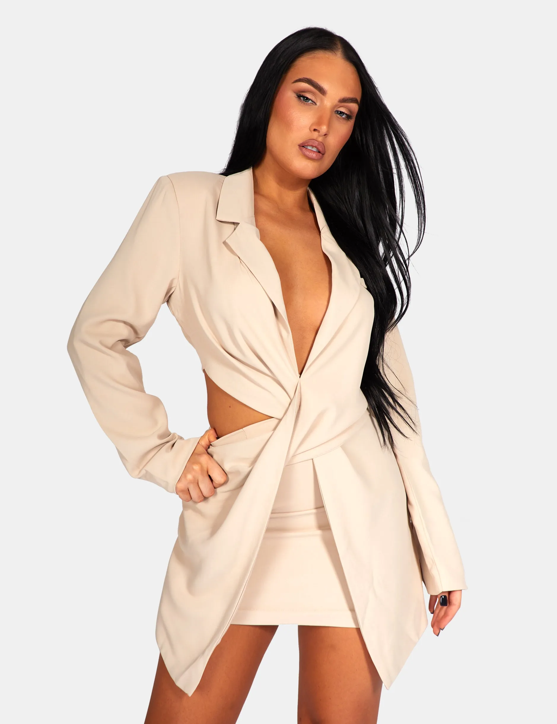 Twist Front Blazer Mini Dress Stone