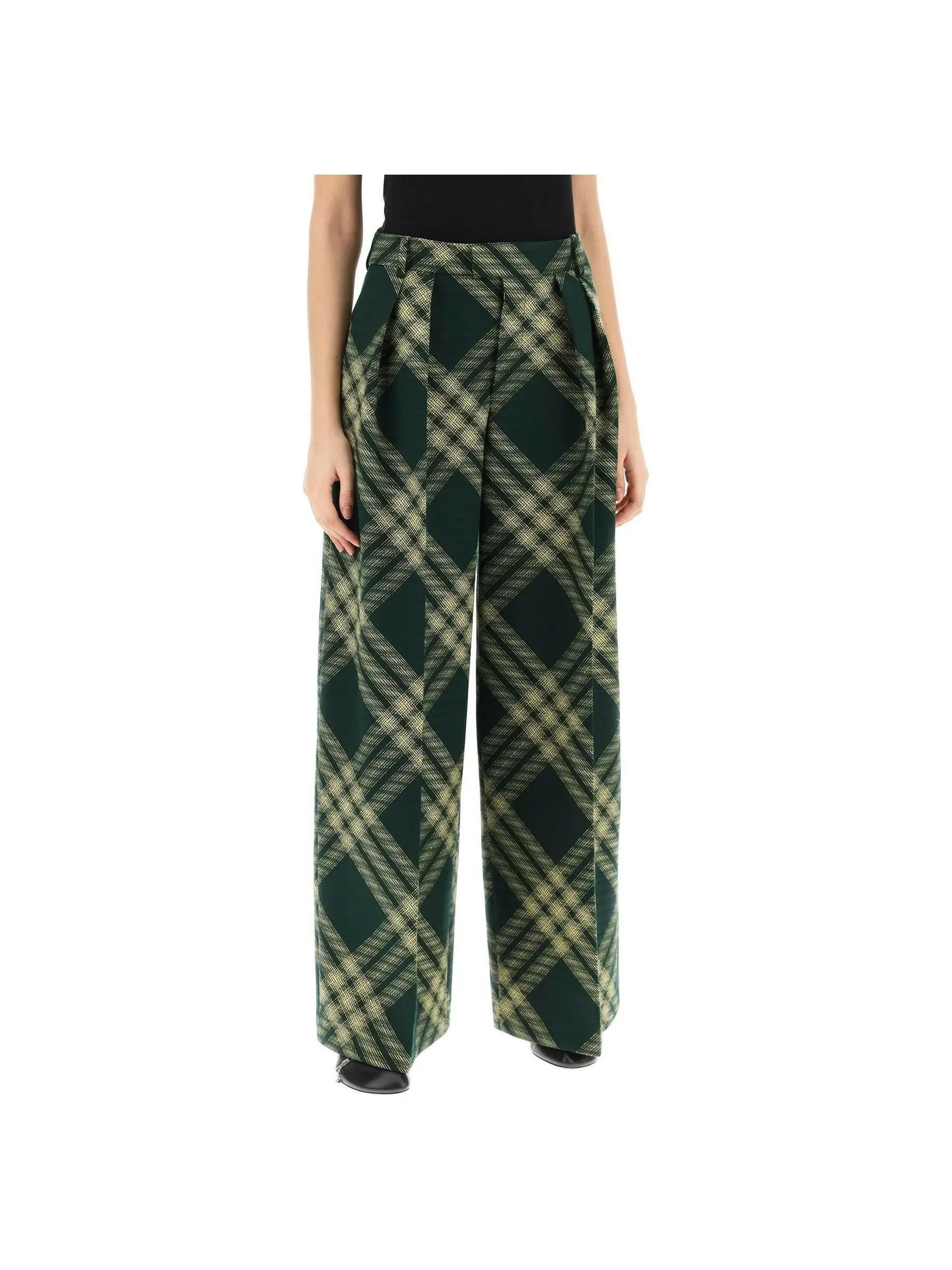 Wide-Leg Check Wool Trousers