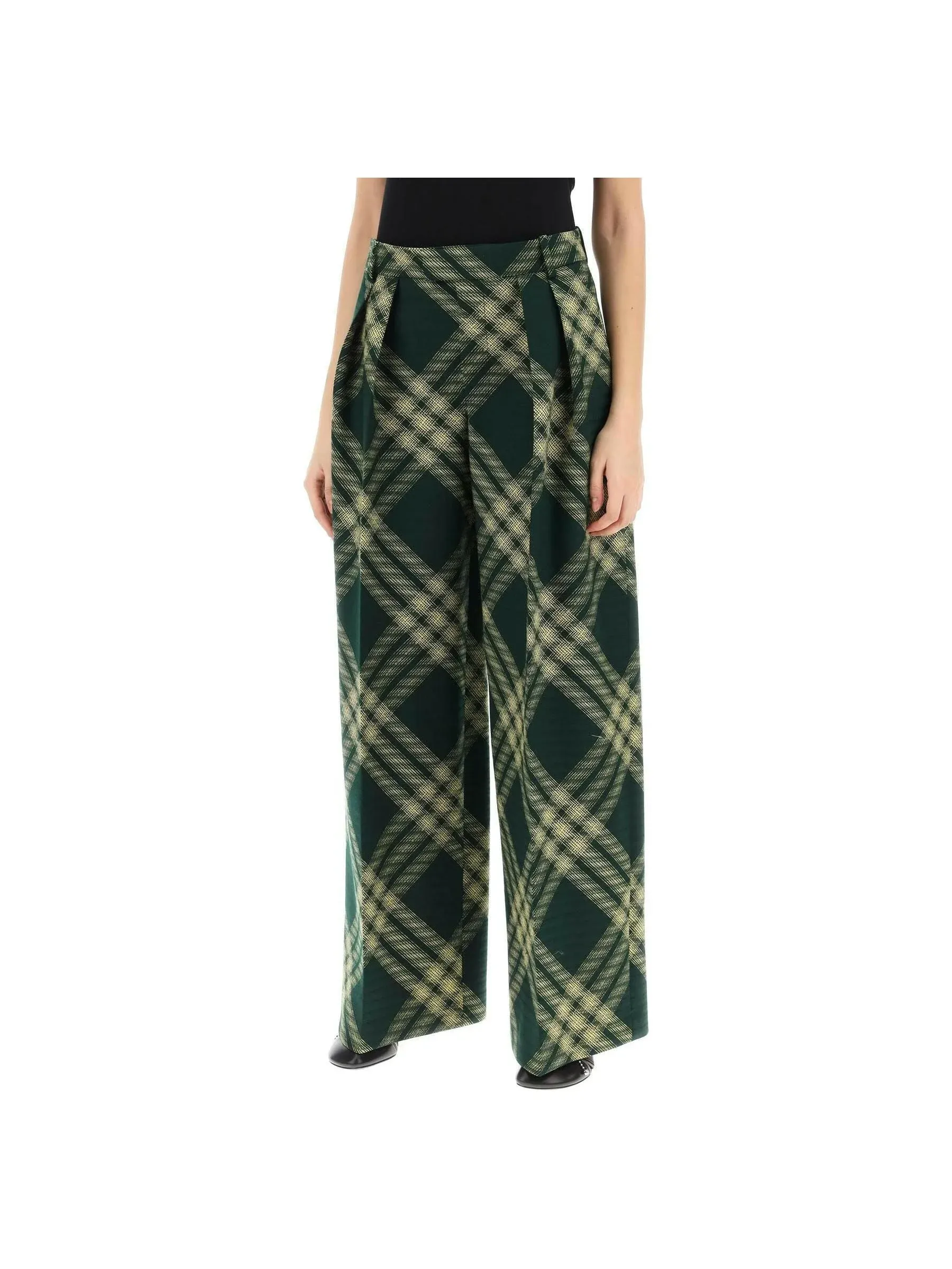 Wide-Leg Check Wool Trousers